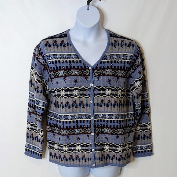 Rebecca Malone Wool Blend Embroidered Details V-Neck Cardigan Size L - Picture 1 of 7